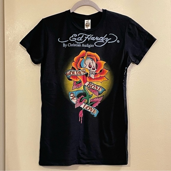 ED HARDY by CHRISTIAN AUDIGIER Golden Rose of Love Crew Neck Basic Tee in Black - Picture 1 of 5